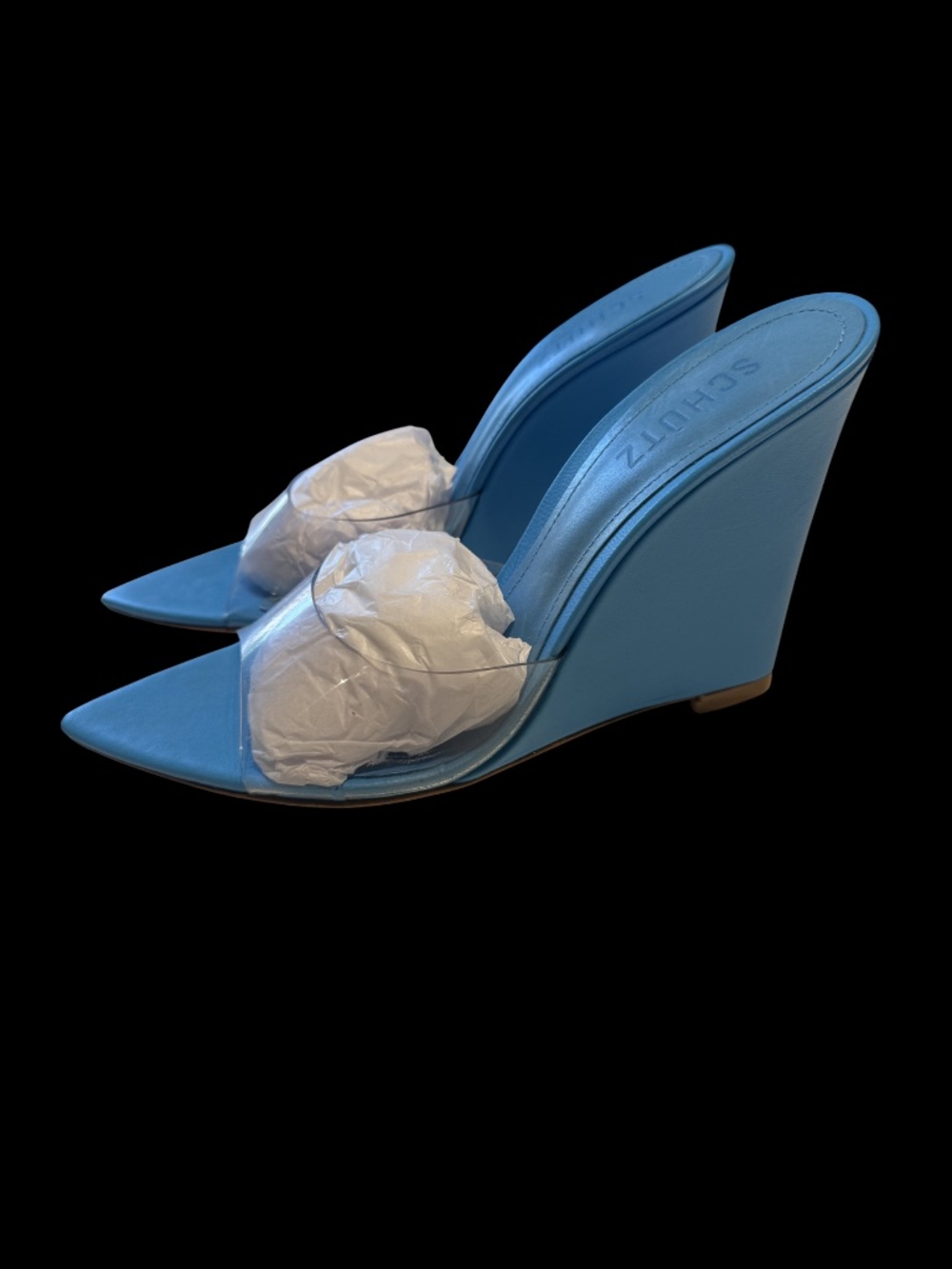Schutz Luci Vinyl Wedge Mule Sky Blue Clear Strap | Size 9 | New Never Worn